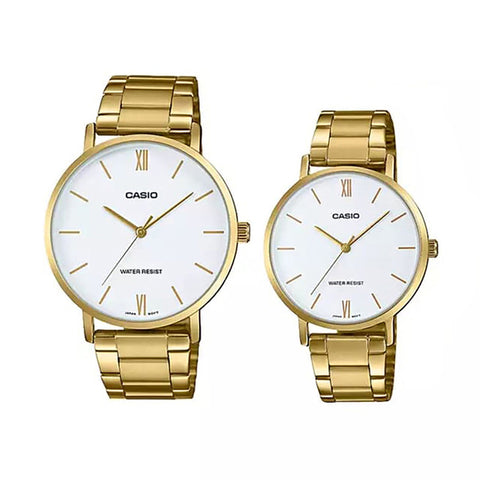Casio Couple Watch Analog MTP-LTP-VT01G-7B with Gold Stainless Steel Band
