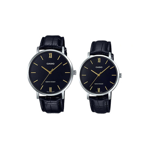 Casio Couple Analog Watch MTP-LTP-VT01L-1B with Black Leather Band