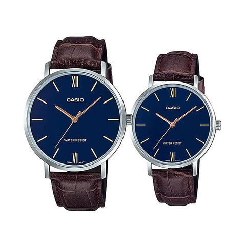Casio Couple Analog Watch MTP-LTP-VT01L-2B with Brown Leather Band