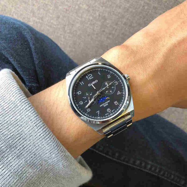 Casio Moon Phase Men's Chronograph Watch MTP-M300D-1AVDF Black Stainless Steel Strap