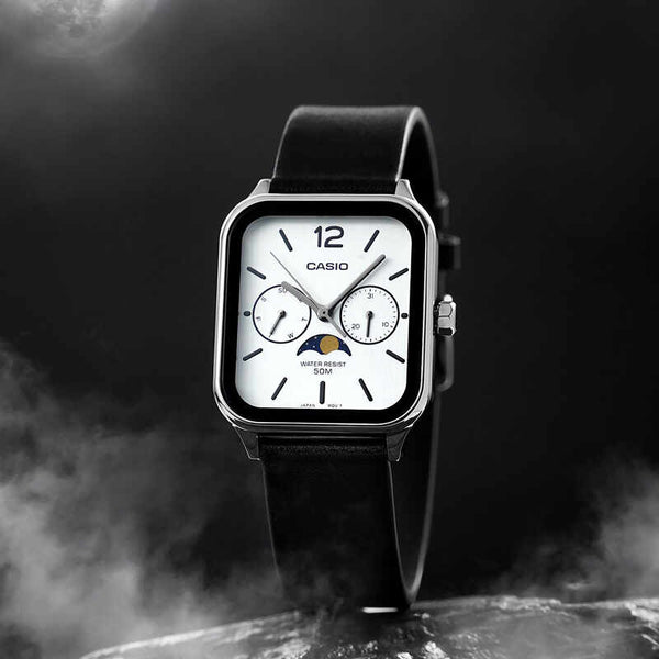 Casio Moon Phase Men's Chronograph Watch MTP-M305L-7AVDF Black Genuine Leather Strap