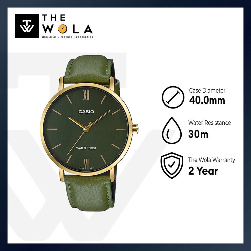 Casio Men's Analog Watch MTP-VT01GL-3B Green Leather Band Watch for Men