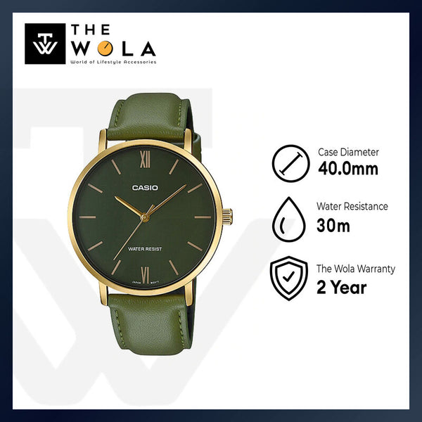 Casio Men's Analog Watch MTP-VT01GL-3B Green Leather Band Watch for Men