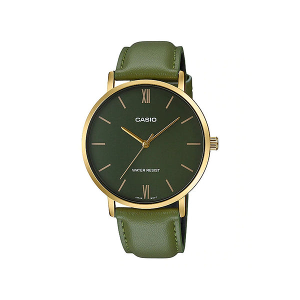 Casio Men's Analog Watch MTP-VT01GL-3B Green Leather Band Watch for Men