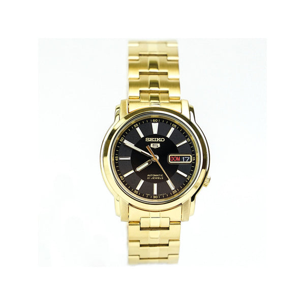 Seiko 5 Men's Automatic Watch SNKL88K1 See-thru Back Black Dial Gold-Tone Stainless Steel Bracelet Watch for mens