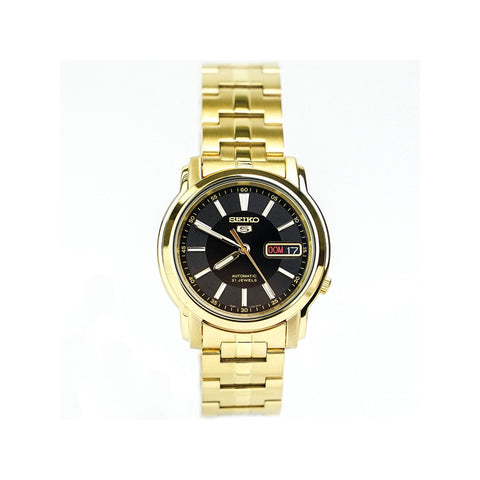 Seiko 5 Men's Automatic Watch SNKL88K1 See-thru Back Black Dial Gold-Tone Stainless Steel Bracelet Watch for mens