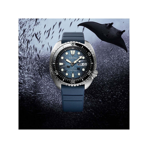Seiko Prospex SRPF77K1 Save The Ocean Special Edition Automatic Men's Watch | Dark Manta Ray Design with Blue Silicone Strap