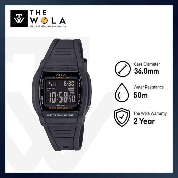 Casio W-201-1BV Men's Digital Watch with Black Resin Band and 10-Year Battery Life