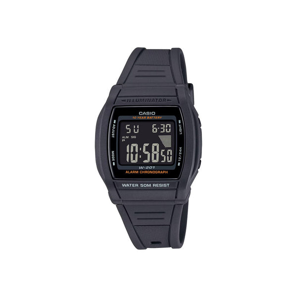 Casio W-201-1BV Men's Digital Watch with Black Resin Band and 10-Year Battery Life