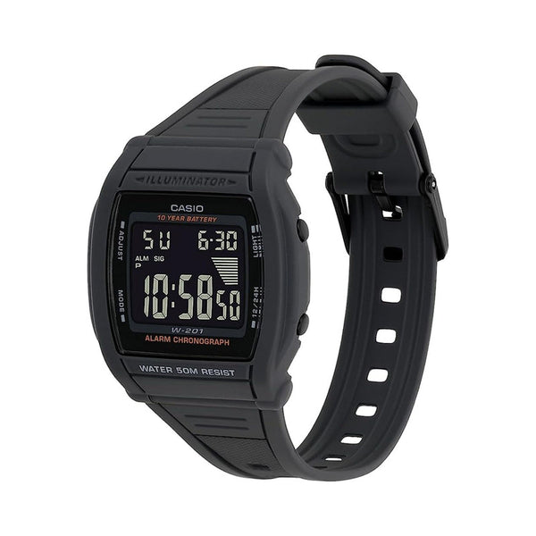 Casio W-201-1BV Men's Digital Watch with Black Resin Band and 10-Year Battery Life