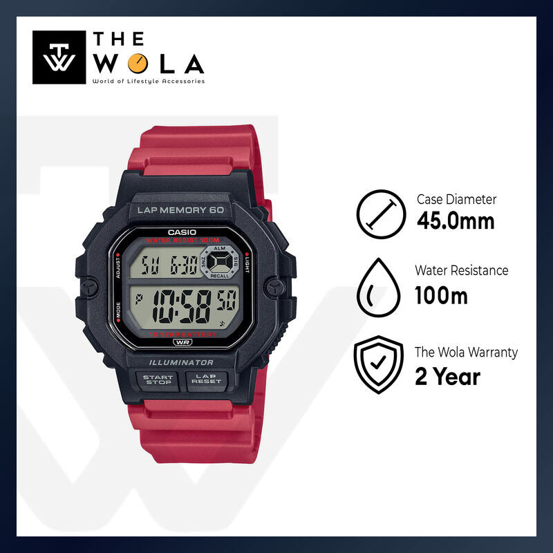 Casio Men's Digital Watch WS-1400H-4A Red Resin Strap Watch for Men