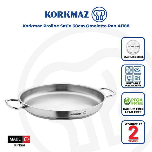 Korkmaz Proline Stainless Steel Frying Pan - 30cm, Induction Compatible Omelette Pan, Made in Turkey