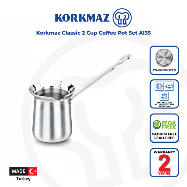 Korkmaz Classic Stainless Steel Turkish Coffee Pot - 2 Cup, Made in Turkey