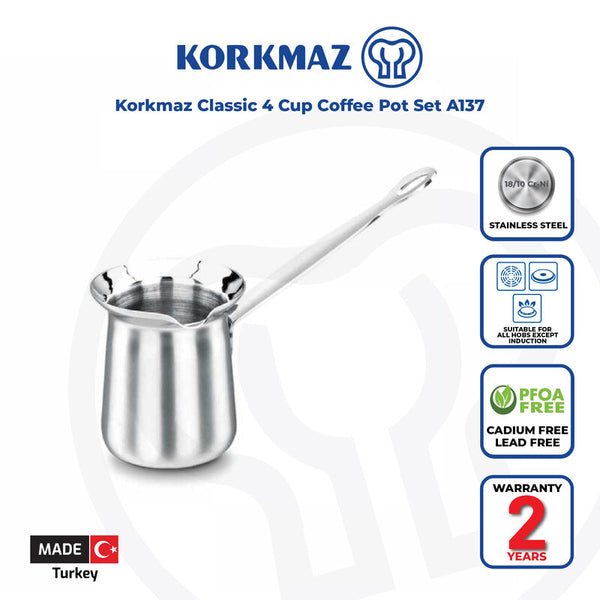 Korkmaz Classic Stainless Steel Turkish Coffee Pot - 4 Cup, Made in Turkey