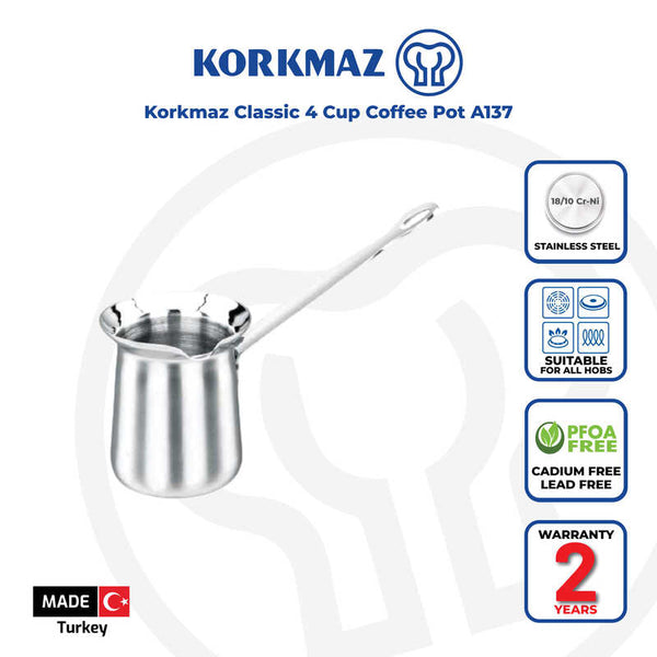 Korkmaz Classic Stainless Steel Turkish Coffee Pot - 4 Cup, Made in Turkey