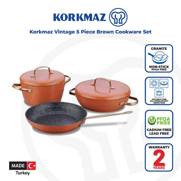 Korkmaz Vintage Pots and Pans Set Nonstick, Brown Granite Kitchen Cookware Sets, 5 Pcs Non Stick Cooking Set w/ Frying Pans & Casserole (PFOS , PFOA Free)