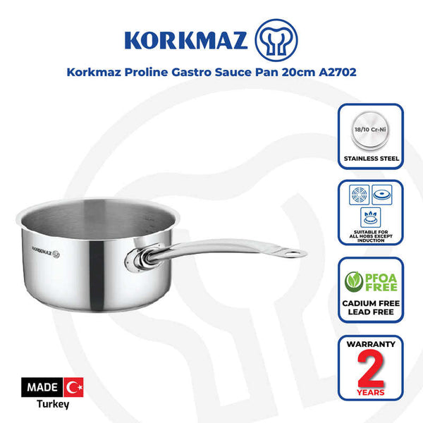 Korkmaz Proline Gastro Stainless Steel Saucepan - 20x9cm, Lid Not Included, Induction Compatible, Made in Turkey