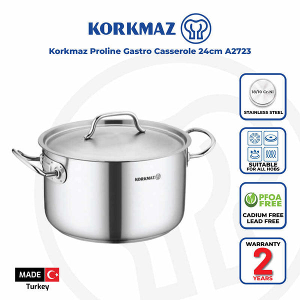 Korkmaz Proline Gastro Stainless Steel Stock Pot (Soup Pot) - 24x14cm, Induction Compatible, Made in Turkey