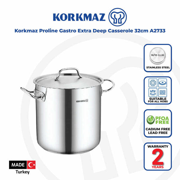 Korkmaz Proline Gastro Stainless Steel Stock Pot (Soup Pot) - 32x32cm, Heavy Duty Induction Pot, Made in Turkey