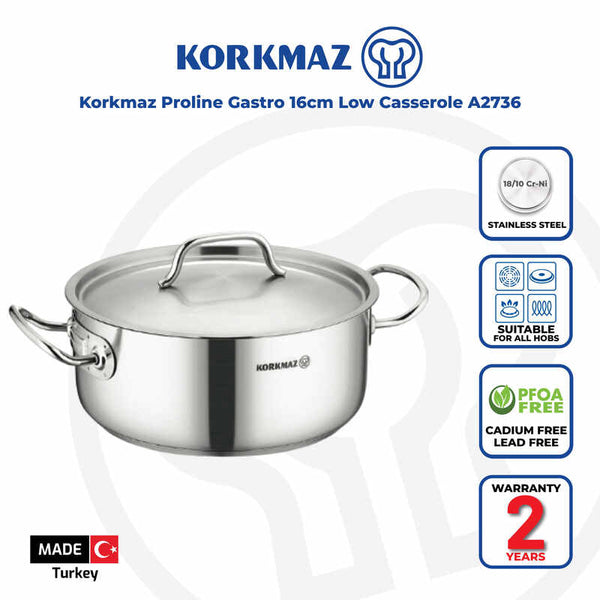 Korkmaz Proline Gastro Stainless Steel Cooking Pot - 16x7.5cm, Induction Compatible, Made in Turkey