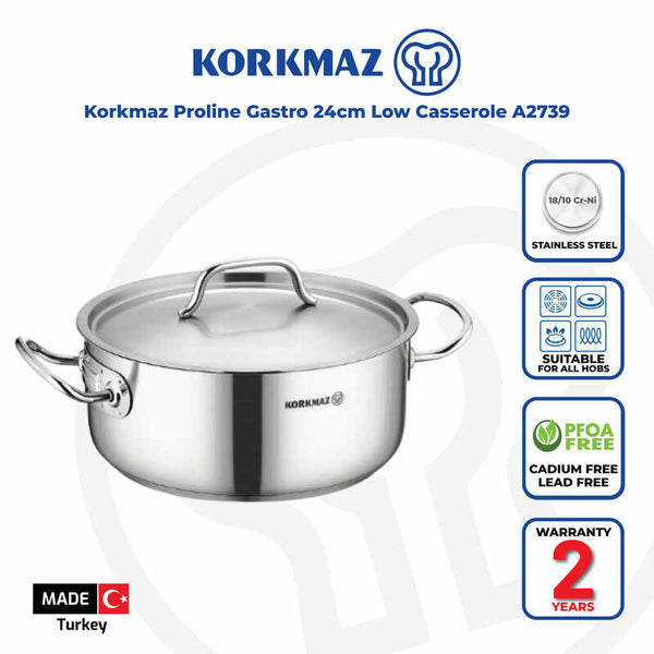 Korkmaz Proline Gastro Stainless Steel Cooking Pot - 24x10cm, Induction Compatible, Made in Turkey