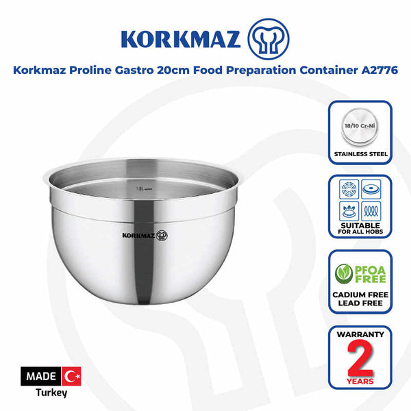 Korkmaz Proline Gastro Stainless Steel Mixing Bowl - 20x13 cm, Food Preparation Container, Made in Turkey