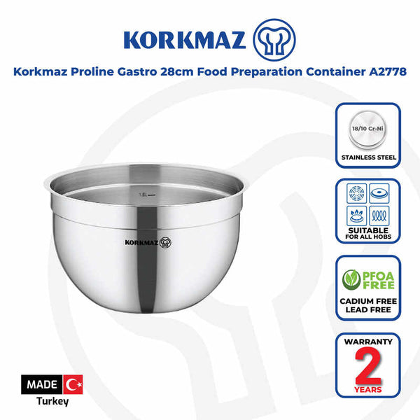 Korkmaz Proline Gastro Stainless Steel Mixing Bowl - 28x17 cm, Food Preparation Container, Made in Turkey