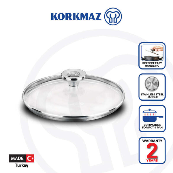 Korkmaz Aroma Glass Lid with Stainless Steel Handle - 18cm Frying Pan Lid