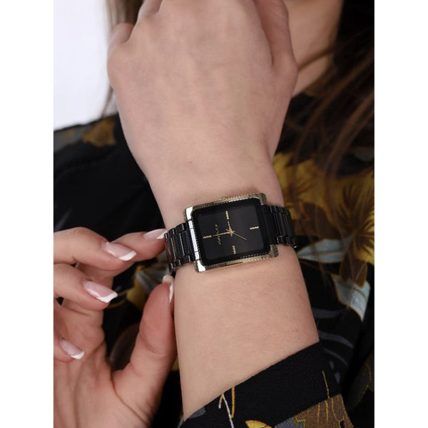 Anne Klein Women's Analog Watch AK-2952BKGB Gold Rectangle Case Black Ceramic Bracelet Watch