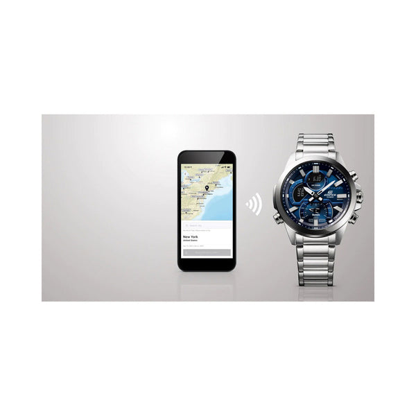 Edifice Smartphone Link Men's Chronograph Watch ECB-30D-2A Blue Dial with Silver Stainless Steel Watch for Men