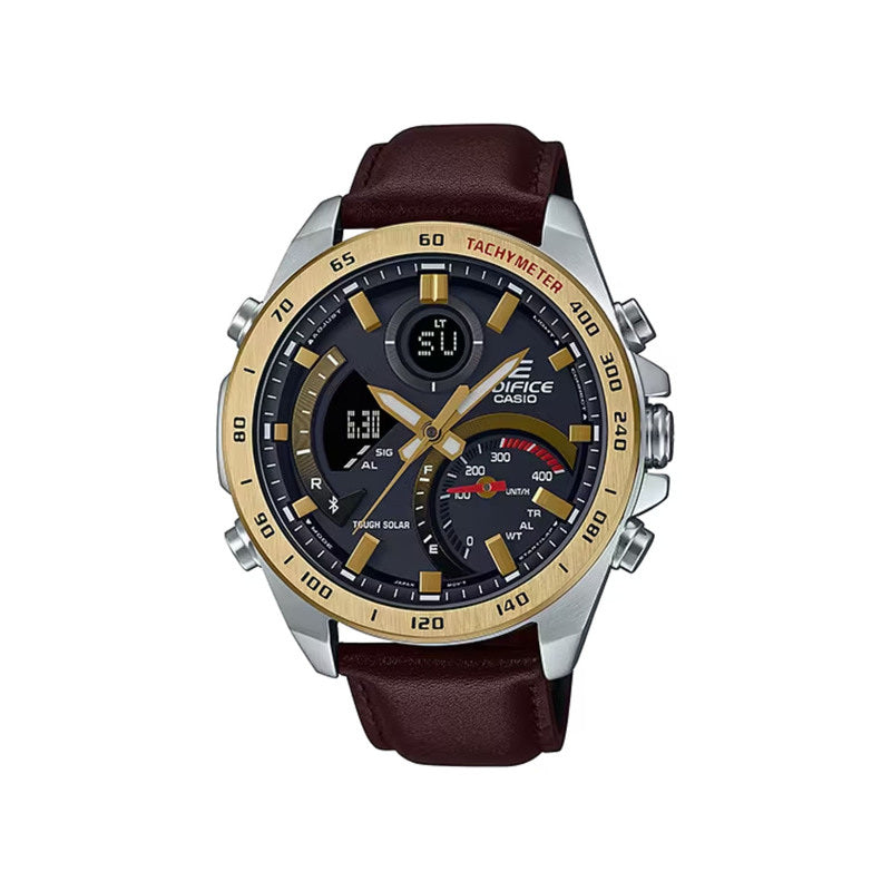 Edifice Men's Analog-Digital Watch ECB-900GL-1A Smartphone Link via Bluetooth® Brown Genuine Leather Band Watch for mens