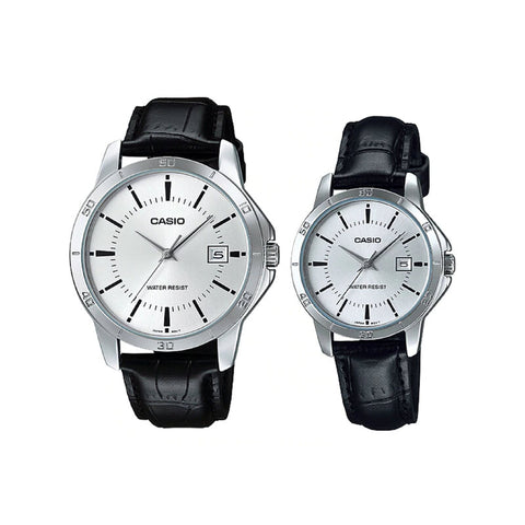 Casio Couple Watch for Men and Women MTP/LTP-V004L-7A Black Leather Band Analog Watch