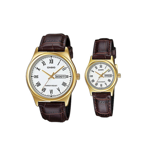 Casio Couple Watch for Men and Women MTP/LTP-V006GL-7B Brown Leather Analog Watch