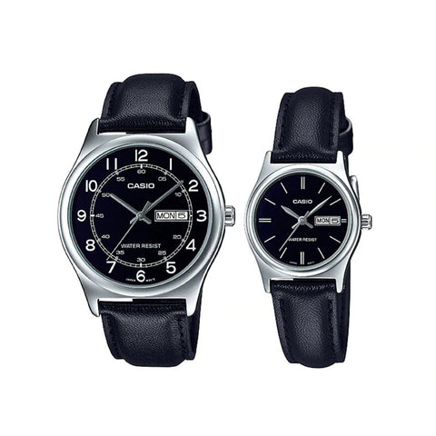 Casio Couple Watch for Men and Women MTP/LTP-V006L-1B2 Black Leather Band Analog Watch