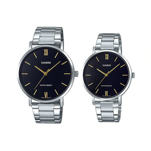 Casio Couple Watch for Men and Women MTP/LTP-VT01D-1B Silver Stainless Steel Band Analog Watch