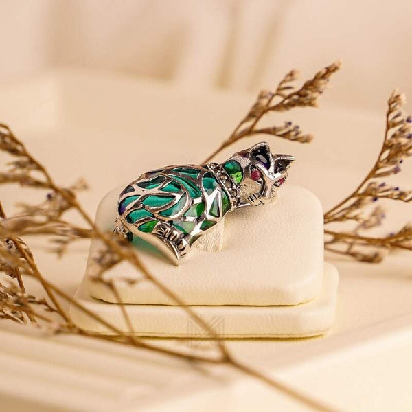 MILLENNE Multifaceted Abalone Shell Cat White Gold Brooch with 925 Sterling Silver