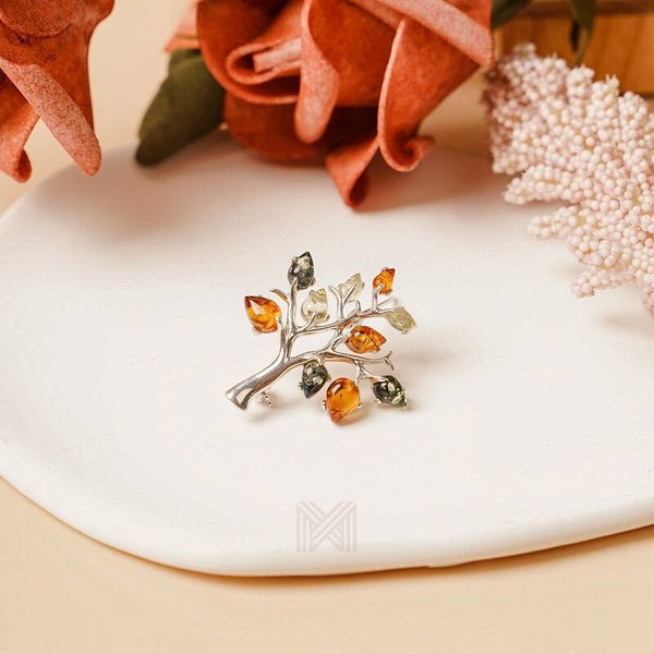MILLENNE Multifaceted Baltic Amber Colours of Fall Silver Brooch with 925 Sterling Silver
