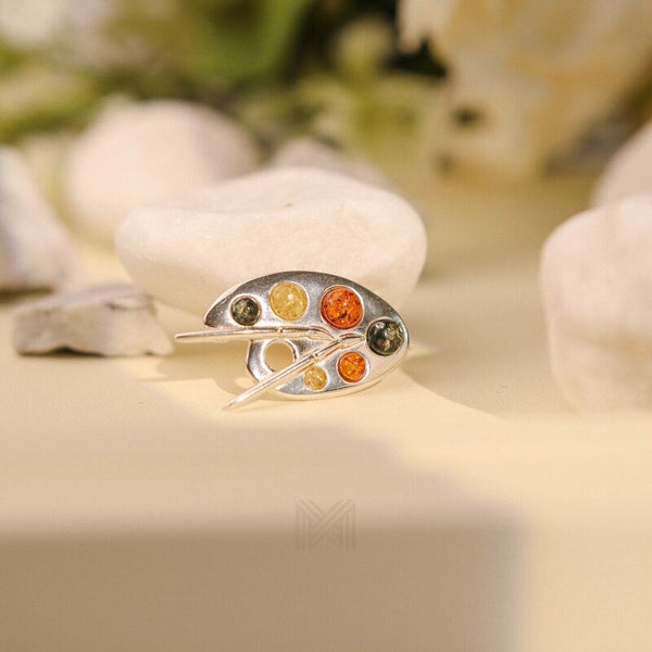 MILLENNE Multifaceted Baltic Amber Artist Pallette Silver Brooch with 925 Sterling Silver