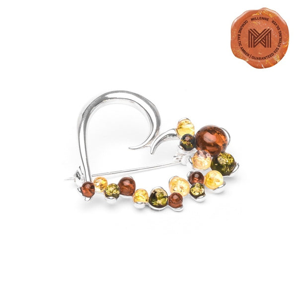 MILLENNE Multifaceted Baltic Amber Assymmetric Heart Silver Brooch with 925 Sterling Silver