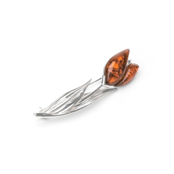 MILLENNE Multifaceted Baltic Amber Tulip Silver Brooch with 925 Sterling Silver
