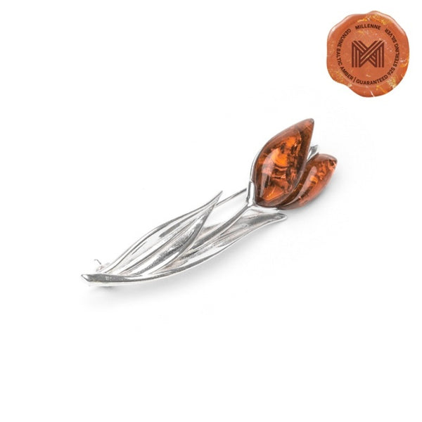 MILLENNE Multifaceted Baltic Amber Tulip Silver Brooch with 925 Sterling Silver