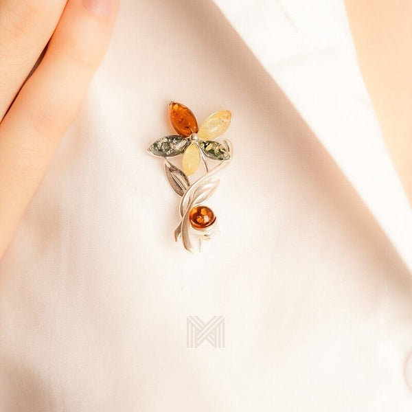 MILLENNE Multifaceted Baltic Amber Fresh Flower Silver Brooch with 925 Sterling Silver