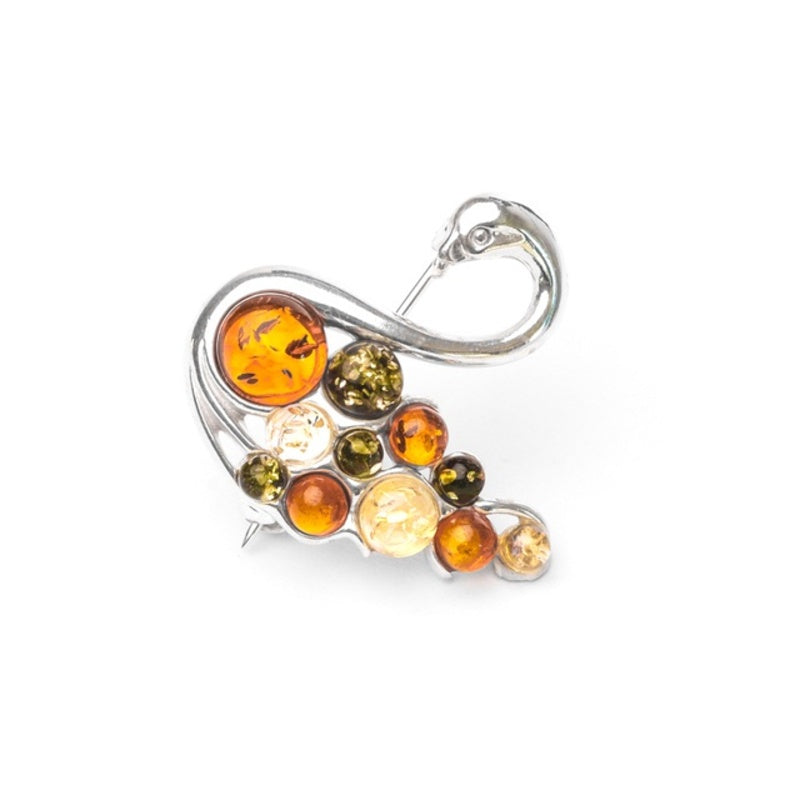 MILLENNE Multifaceted Baltic Amber Swan Lake Silver Brooch with 925 Sterling Silver