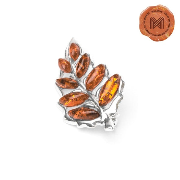 MILLENNE Multifaceted Baltic Amber Fall Leaf Silver Brooch with 925 Sterling Silver