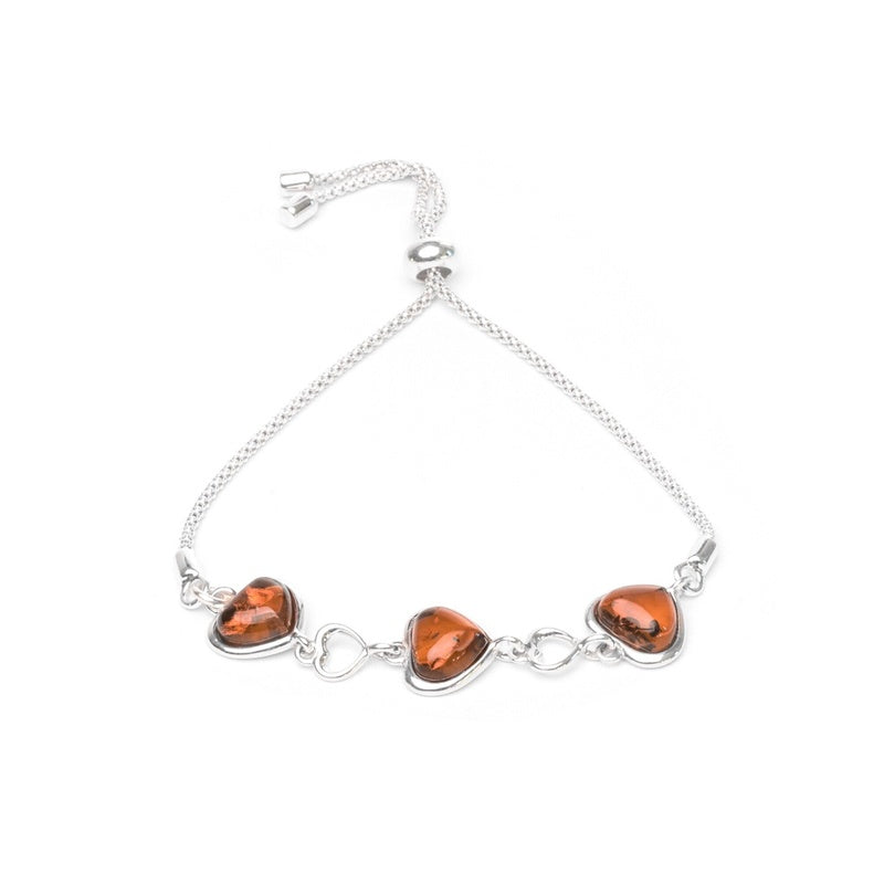 MILLENNE Multifaceted Baltic Amber Hearts Drawstring Silver Bracelet with 925 Sterling Silver