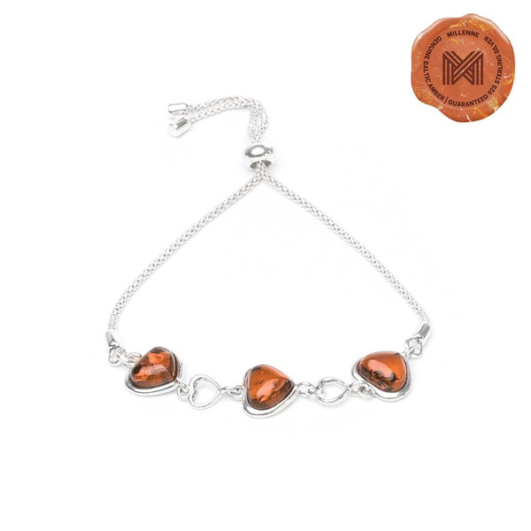 MILLENNE Multifaceted Baltic Amber Hearts Drawstring Silver Bracelet with 925 Sterling Silver