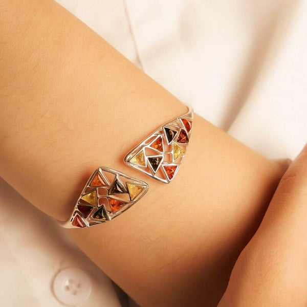 MILLENNE Multifaceted Baltic Amber Mulitple Studded Dual Triangle Open Silver Adjustable Bracelet with 925 Sterling Silver