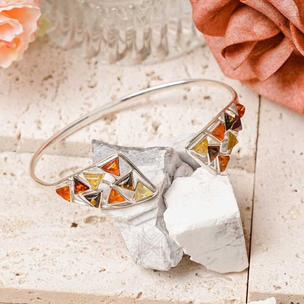 MILLENNE Multifaceted Baltic Amber Mulitple Studded Dual Triangle Open Silver Adjustable Bracelet with 925 Sterling Silver