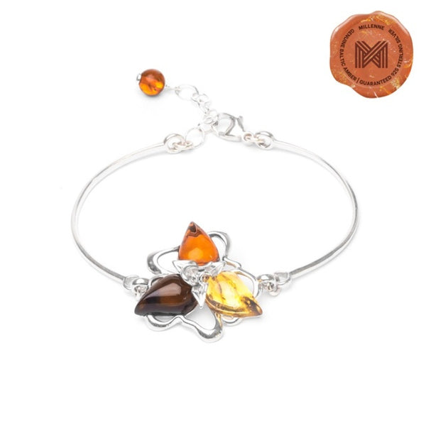 MILLENNE Multifaceted Baltic Amber Triangle Composition Silver Bracelet with 925 Sterling Silver