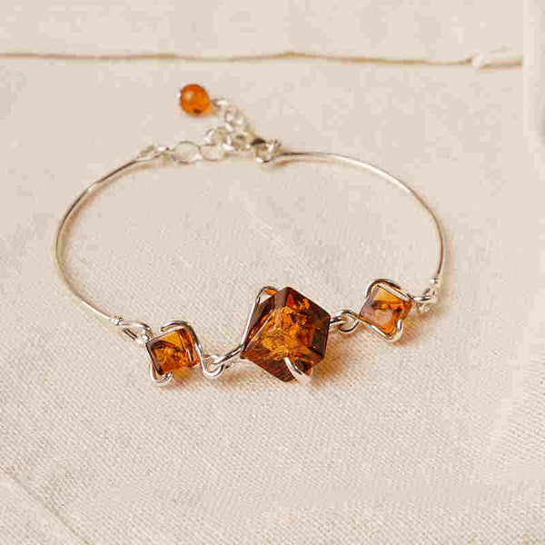 MILLENNE Multifaceted Baltic Amber Tri Cuboid Silver Bracelet with 925 Sterling Silver